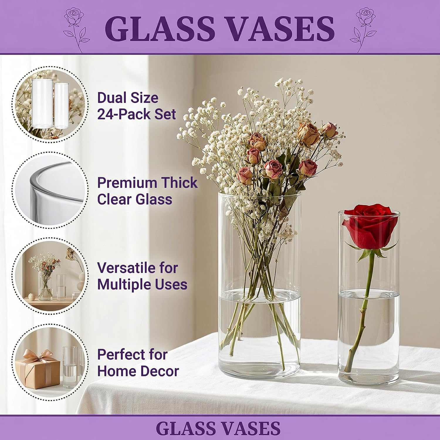 24 Pack Clear Glass Cylinder Vases (7.3 & 7.7 Inch Tall) - Multi-Use Flower Vases for Wedding Decorations and Indoor Home Decor, Hurricane Candle Holder for Table Shelf, Party