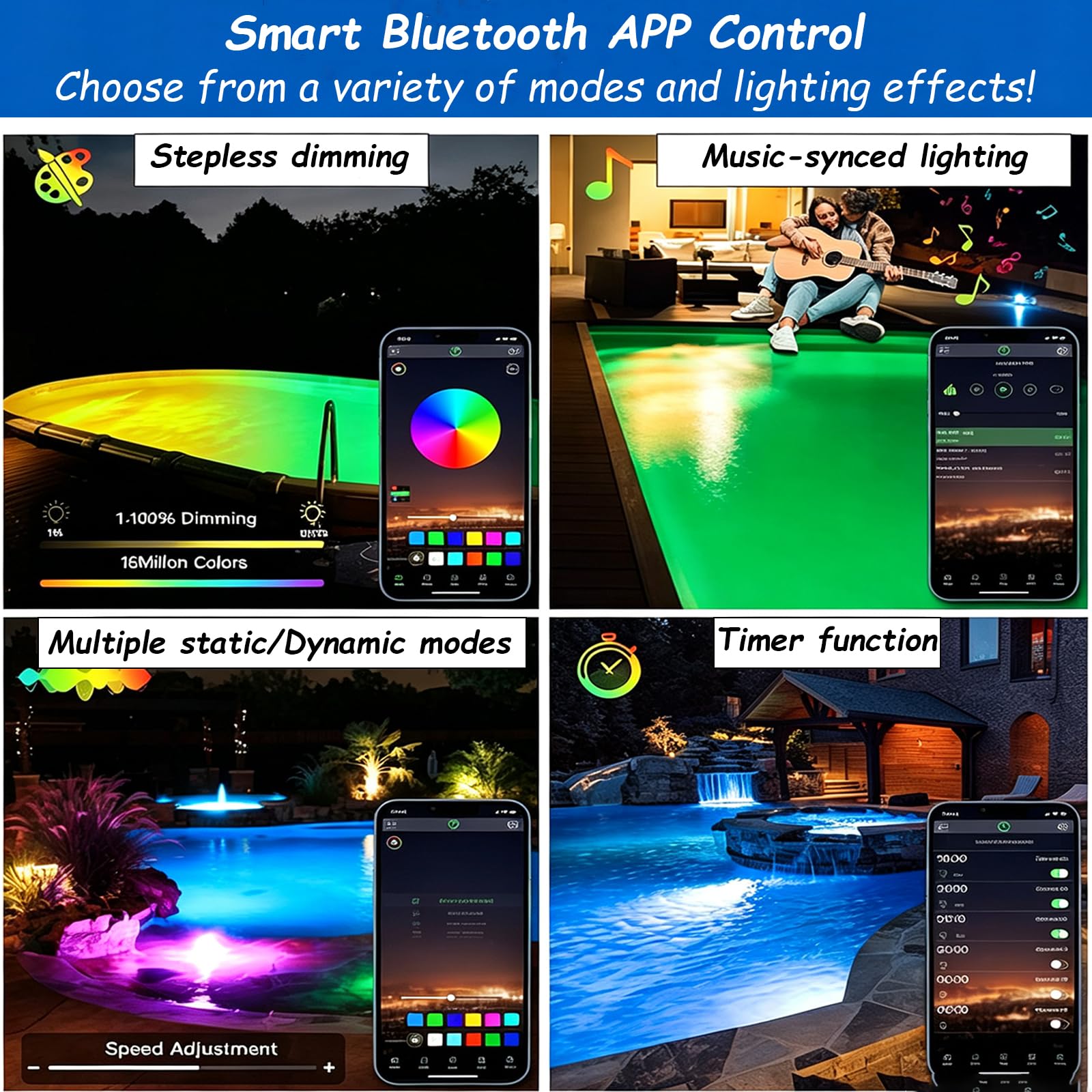 Luce Subacquea per Piscina,Illuminatore LED Magnetico Sommergibile | Colori RGB Variabili,Controllo Tramite APP E Telecomando,Funzione Timer,Dimmerabile,Adatto Per Piscine Interrate In Cemento