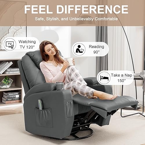 Miniatura 4 de Silla reclinable, mecedora con masaje y calor, sillas reclinables giratorias de 360 para adultos, mecedora manual reclinable con control remoto y