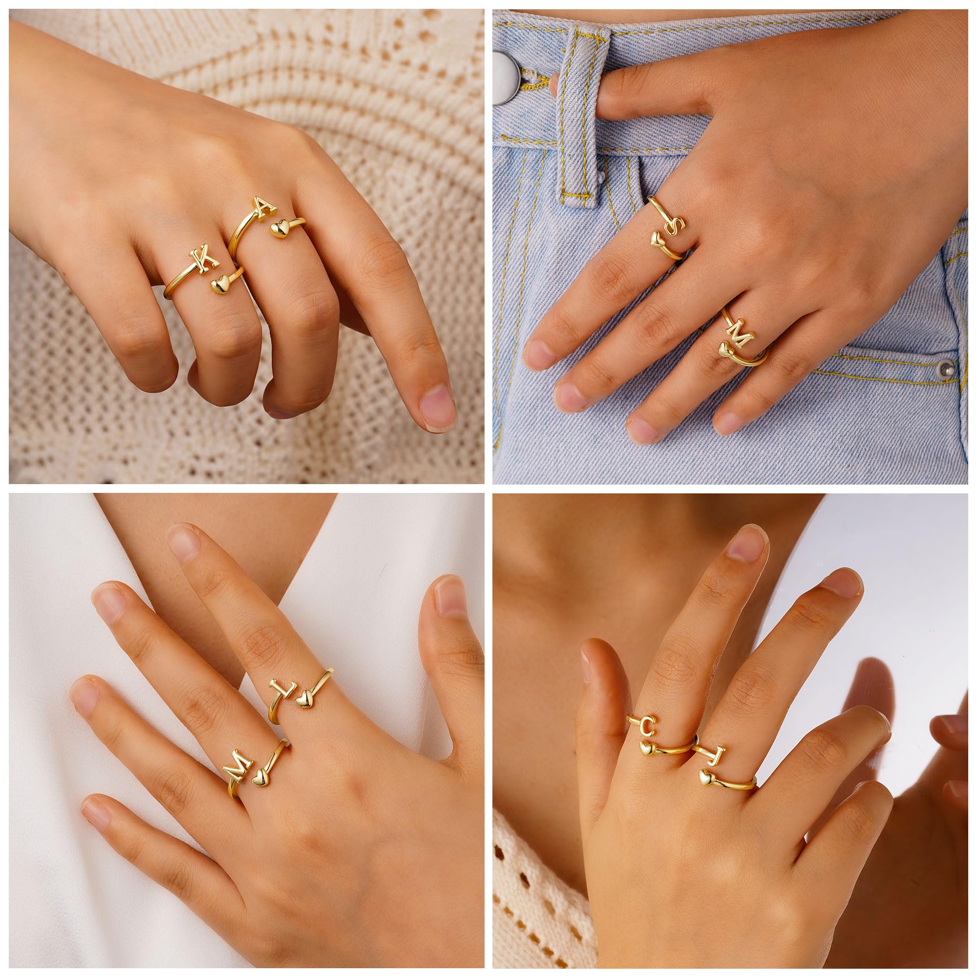 M MOOHAM Stocking Stuffers for Teen Girls Women - Gold Rings for Women Girls 14K Gold Plate Initial Rings for Women Non Tarnish Letter A- Z Dainty Heart Ring Adjustable Pinky Ring Personalized Jewelry Gifts