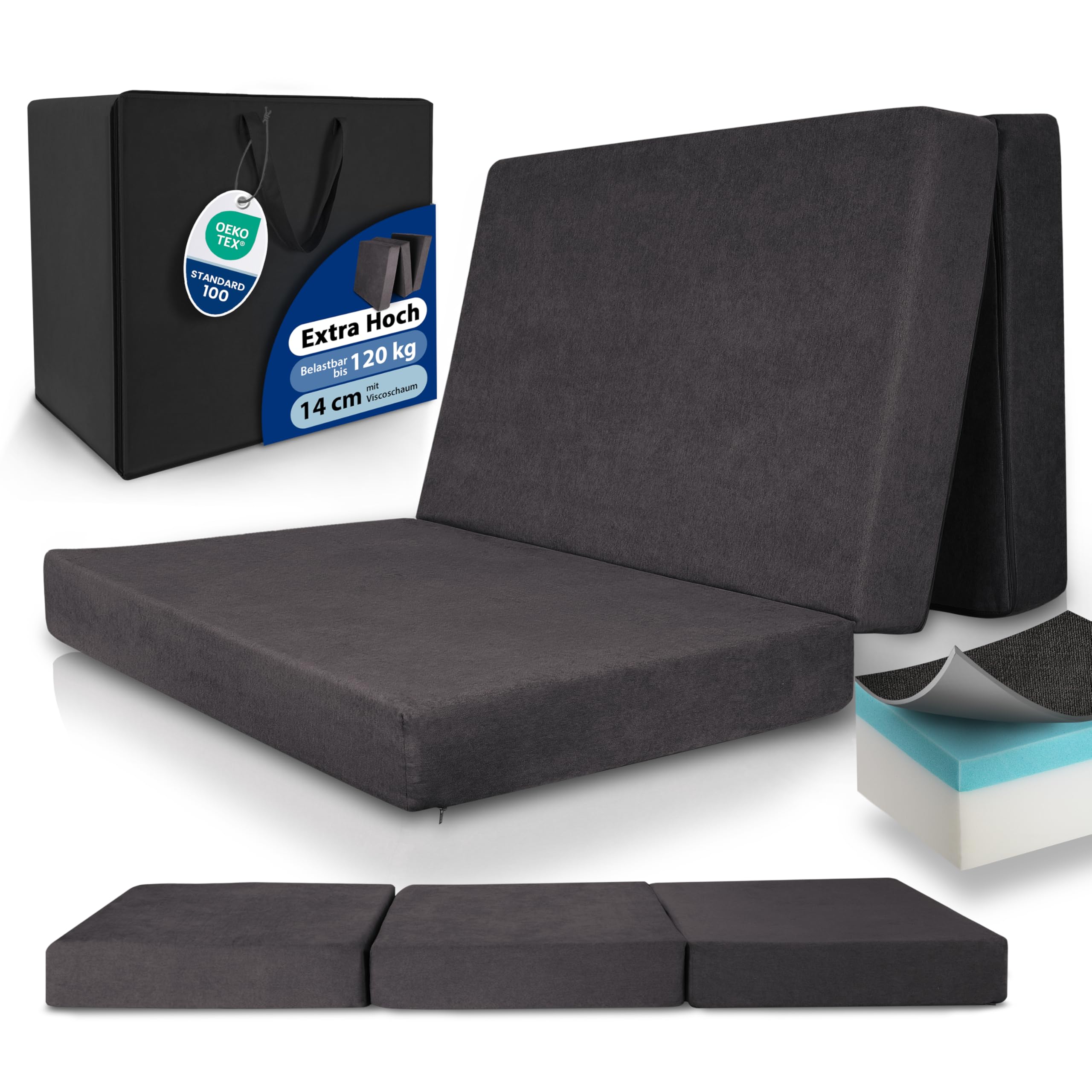 Beautissu Klappmatratze Gästebett faltbar klappbar Visco-Matratze | 140x200cm Anthrazit extra dick waschbar Gästematratze hoher Schlafkomfort einfacher Transport Premium XXL inkl. Tasche VS95