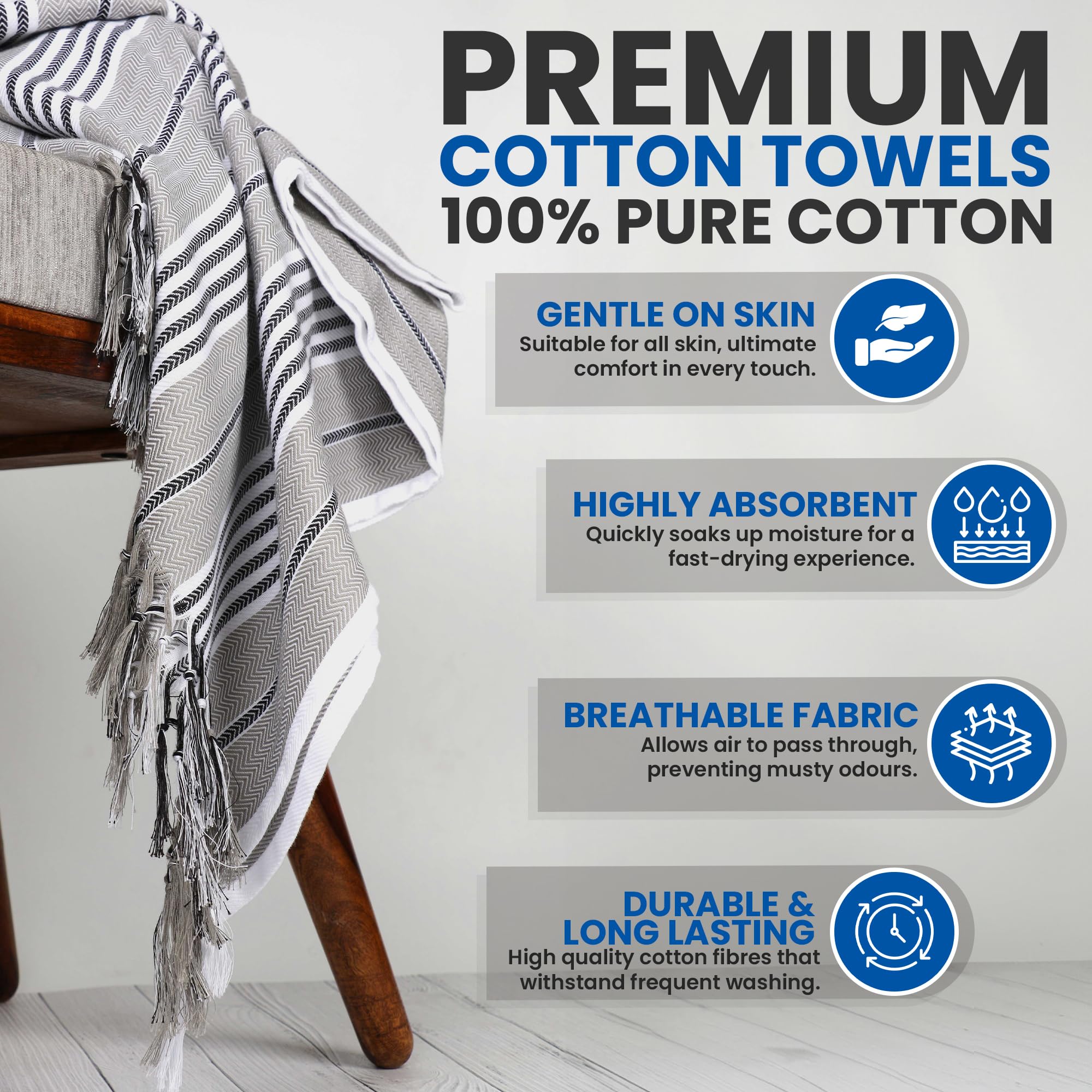 The Veshti Company Giza Blend Cotton Towel – 100% Pure, Ultra Soft, Highly Absorbent & Quick Dry – Luxury Bath & Spa Towel with Herringbone Design & Hand-Tied Tassels - White 2