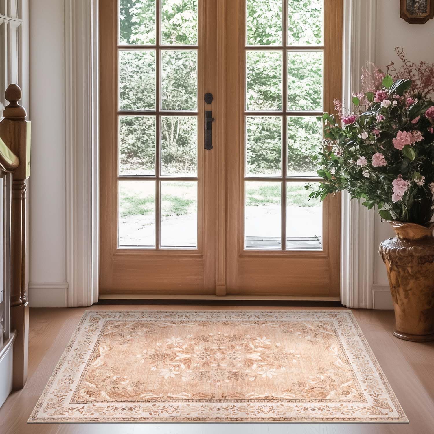 jinchan Vintage Floral 3x5 Area Rugs for Entryway - Machine Washable Distressed Design Ultra-Thin Low-Pile Soft Non-Shedding Carpet for Kitchen