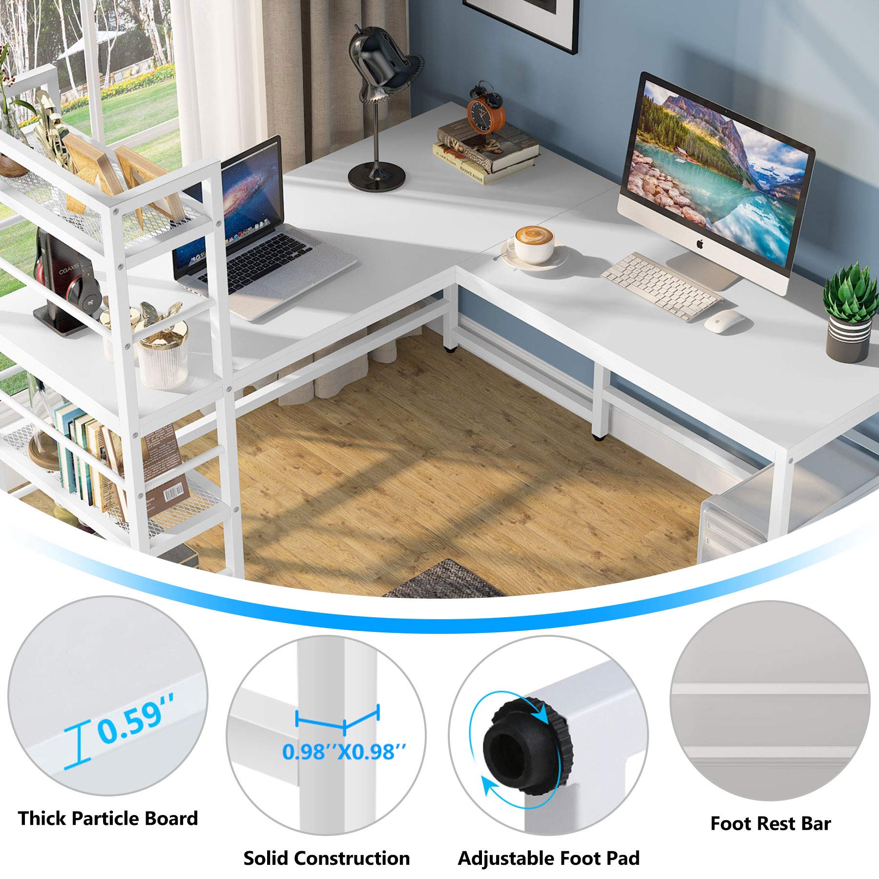 Tribesigns 59 Inch L Shaped Desk with Storage Bookshelf, Reversible