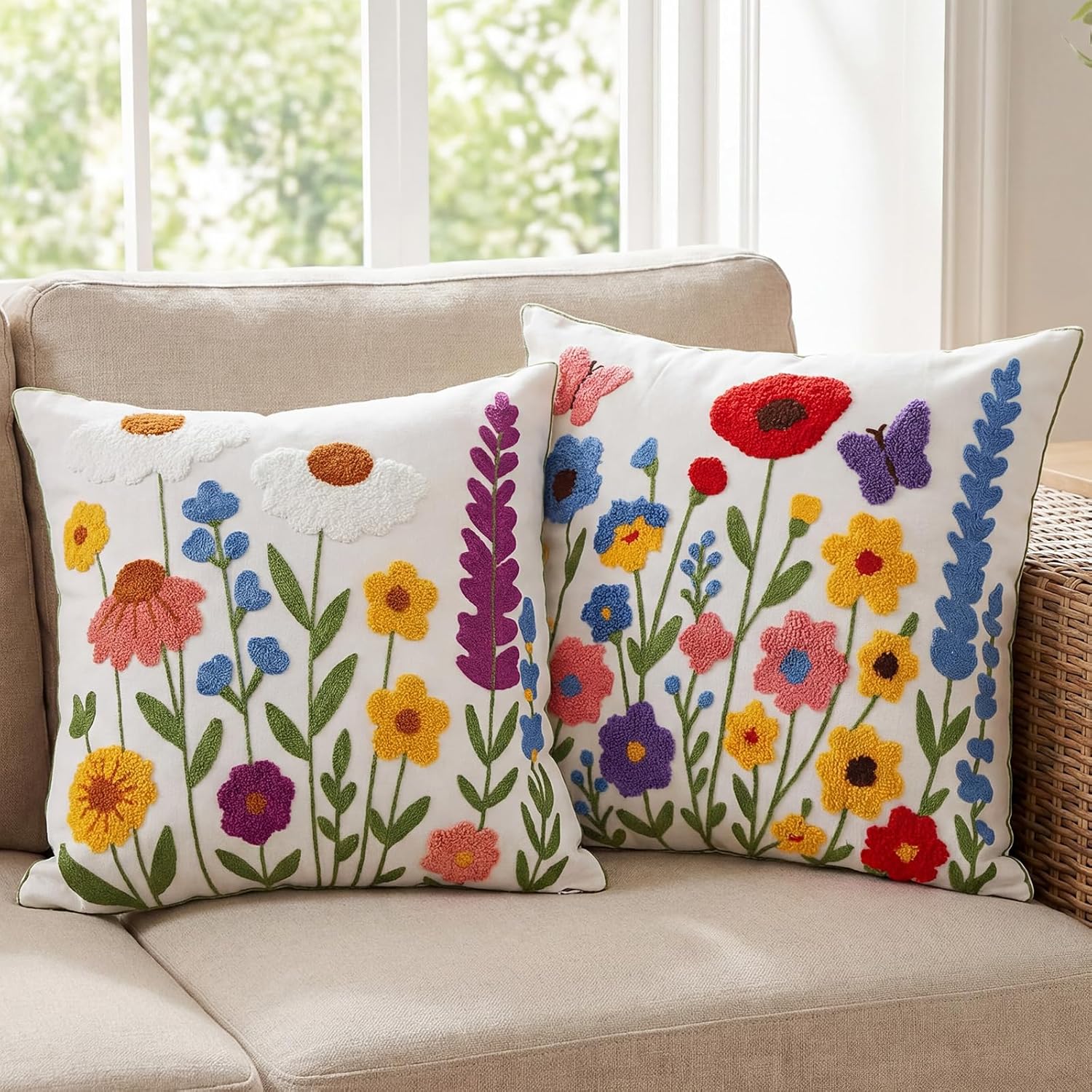 Peryiter 2 Pack Wildflower Embroidered Throw Pillow Covers 18x18 Floral Decorative Pillow Covers with Zipper Summer Aesthetic Farmhouse Boho Cozy Throw Pillowcases for Living Room Couch Sofa Bed