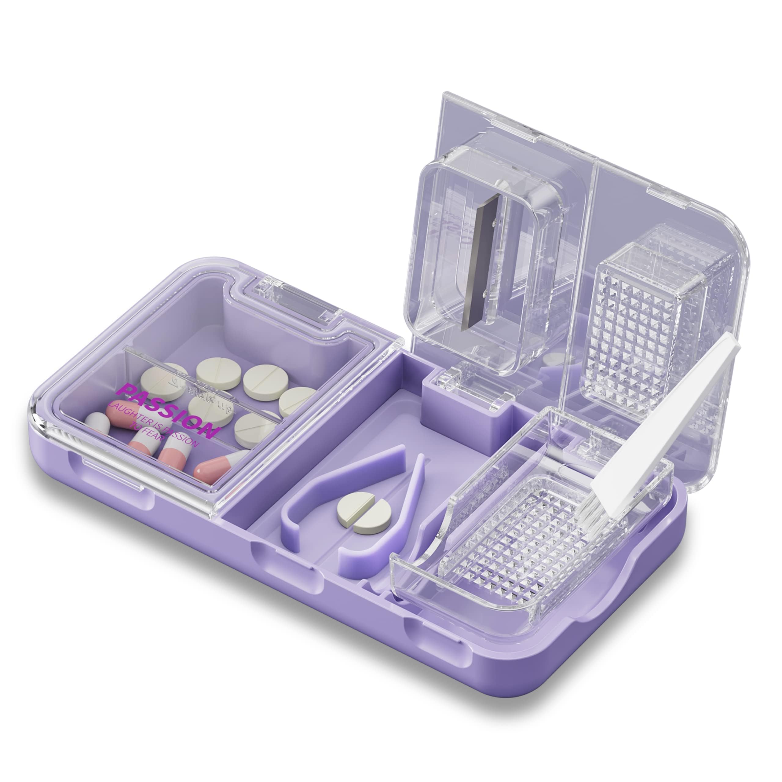 3 in 1 V Shape Pill Cutter - Pill Splitter with Cutter & Crusher & Storage, Stainless Steel Blade For Cutting Small or Large Pill & Vitamin & Tablet, Grinder with Cleaning Brush(Passion Purple)
