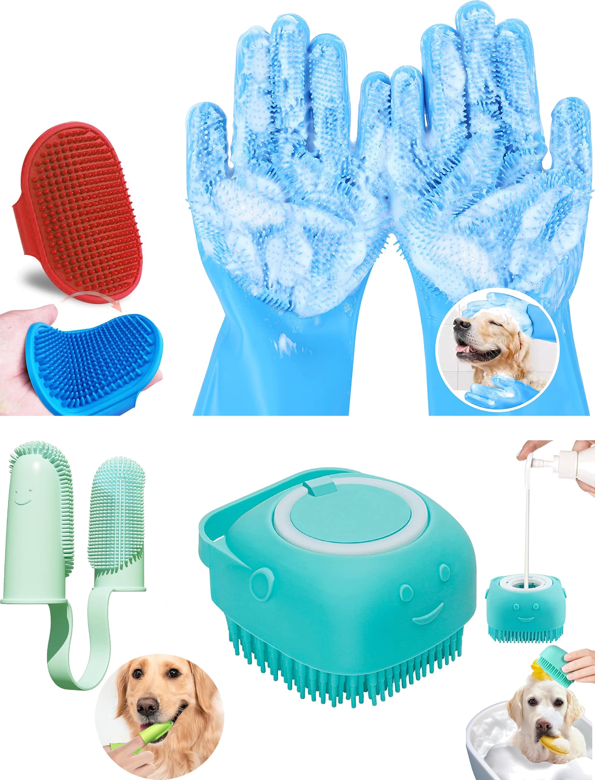 Style Keepers 4-in-1 Pet Grooming Kit for Dogs & Cats | Silicone Bath Gloves, Dog Shampoo Brush, Finger Toothbrush, Deshedding Scrubber | Pet Bathing Cleaning Combo for Small Medium Large Pets