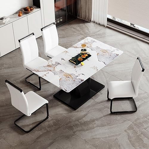 Glass Dining Table Set for 4, 5 Piece 63" Modern Kitchen Dining Table with 4 Leather Chairs, Rectangular Tempered Glass Top, MDF Base, Dining Furniture for Living Room, Dining Room, Kitchen