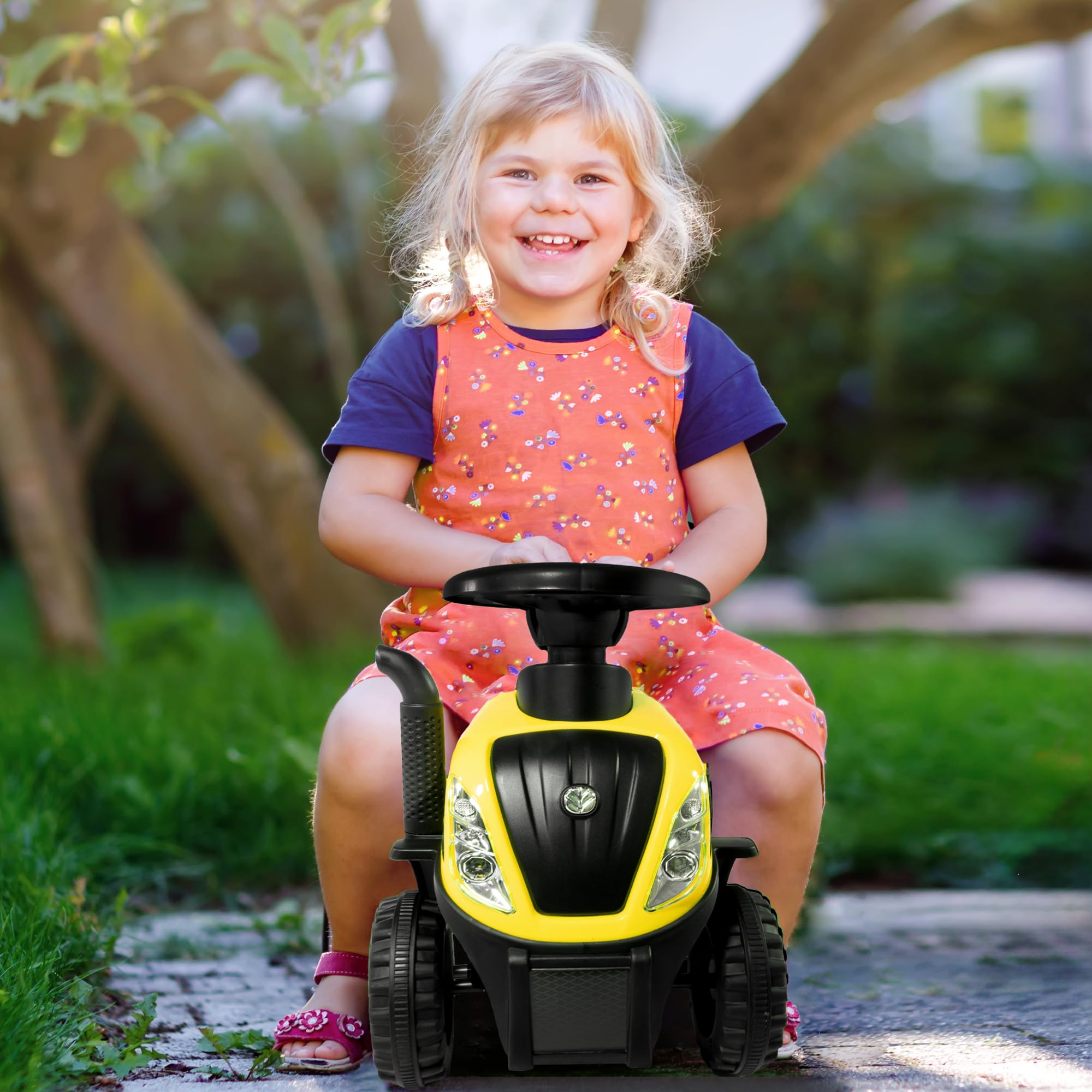 Lemodo Rutschauto Traktor New Holland ab 1 Jahr | Kinderauto mit Anhänger | Rutschfahrzeug mit Schaufel und Rechen | Kinderfahrzeug in gelb | Rutscher mit Sound, Licht | Lizenziertes Kinderspielzeug
