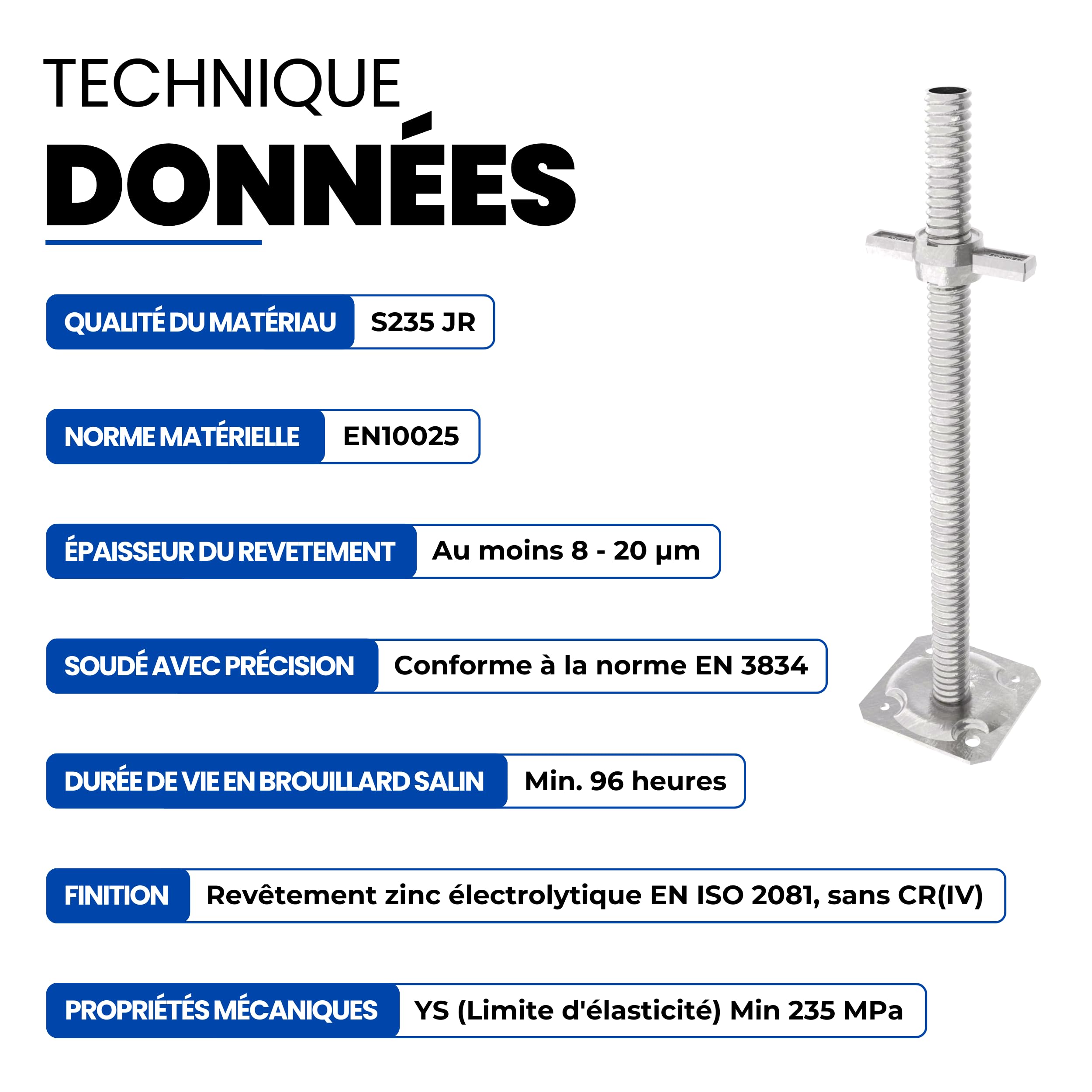 GeZu Impex Pied d'échafaudage avec Tige Filetée Galvanoplastie Lot de 4 500 x 38 mm plaques de pieds réglables