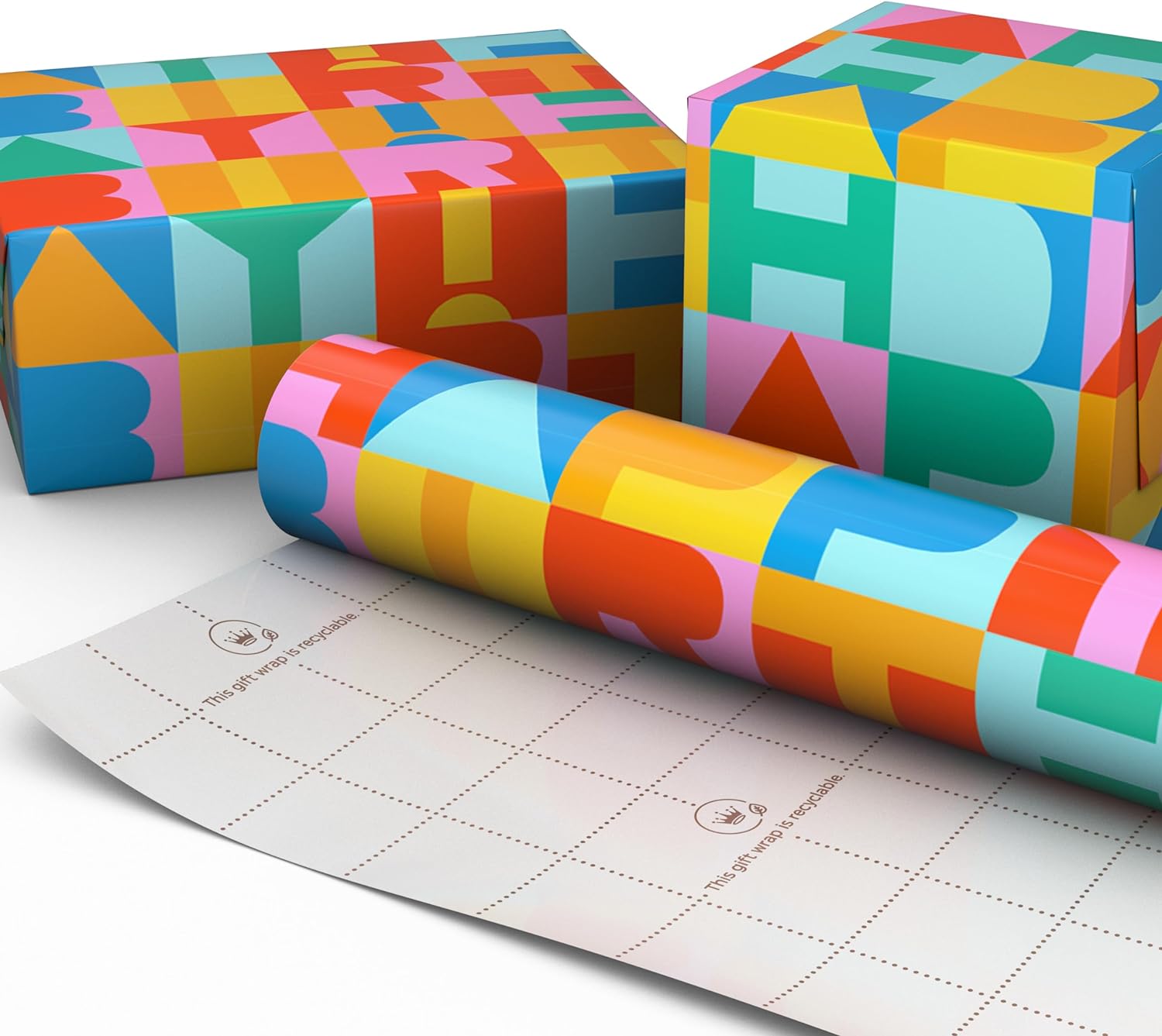 Hallmark Birthday Wrapping Paper Mini Roll (Rainbow Block Letters) for Kids Birthday - 40 Sq. Ft.