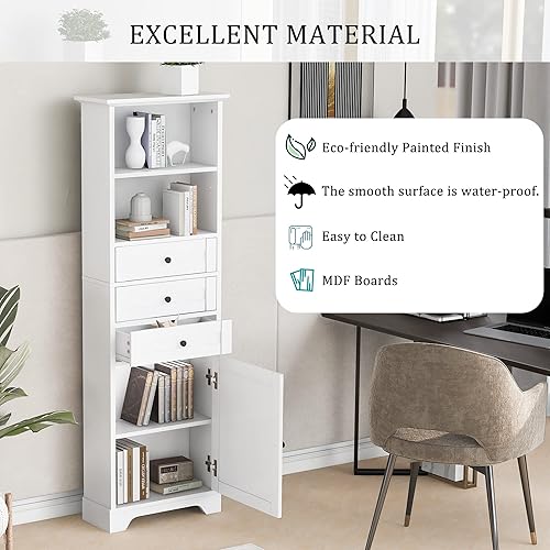 Miniatura 6 de Armario de almacenamiento alto con 3 cajones y 1 puerta, gabinete de colección independiente para baño con estantes ajustables, armario de cocina y