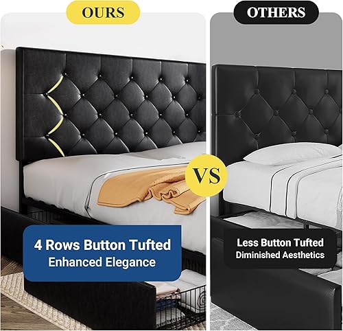 Miniatura 8 de Allewie Base de cama con plataforma tapizada tamaño Queen con 4 cajones de almacenamiento y cabecero, acolchado con botones de costura en forma de