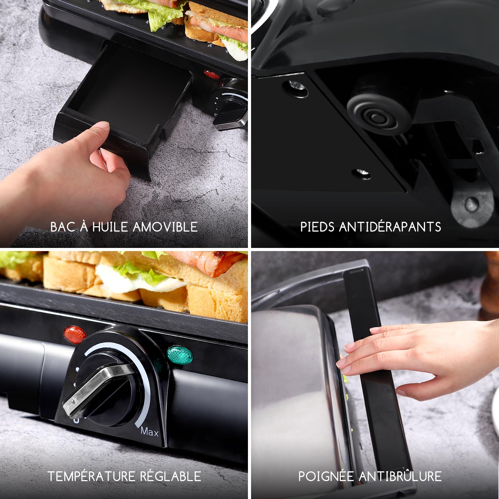 Aigostar Machine à Panini 2000W avec Thermostat Réglable, Ouverture à 180° | Grill électrique avec Plaques Antiadhésives, Bac à graisse amovible, pour Paninis, Sandwichs, Viande et Légumes | Samson
