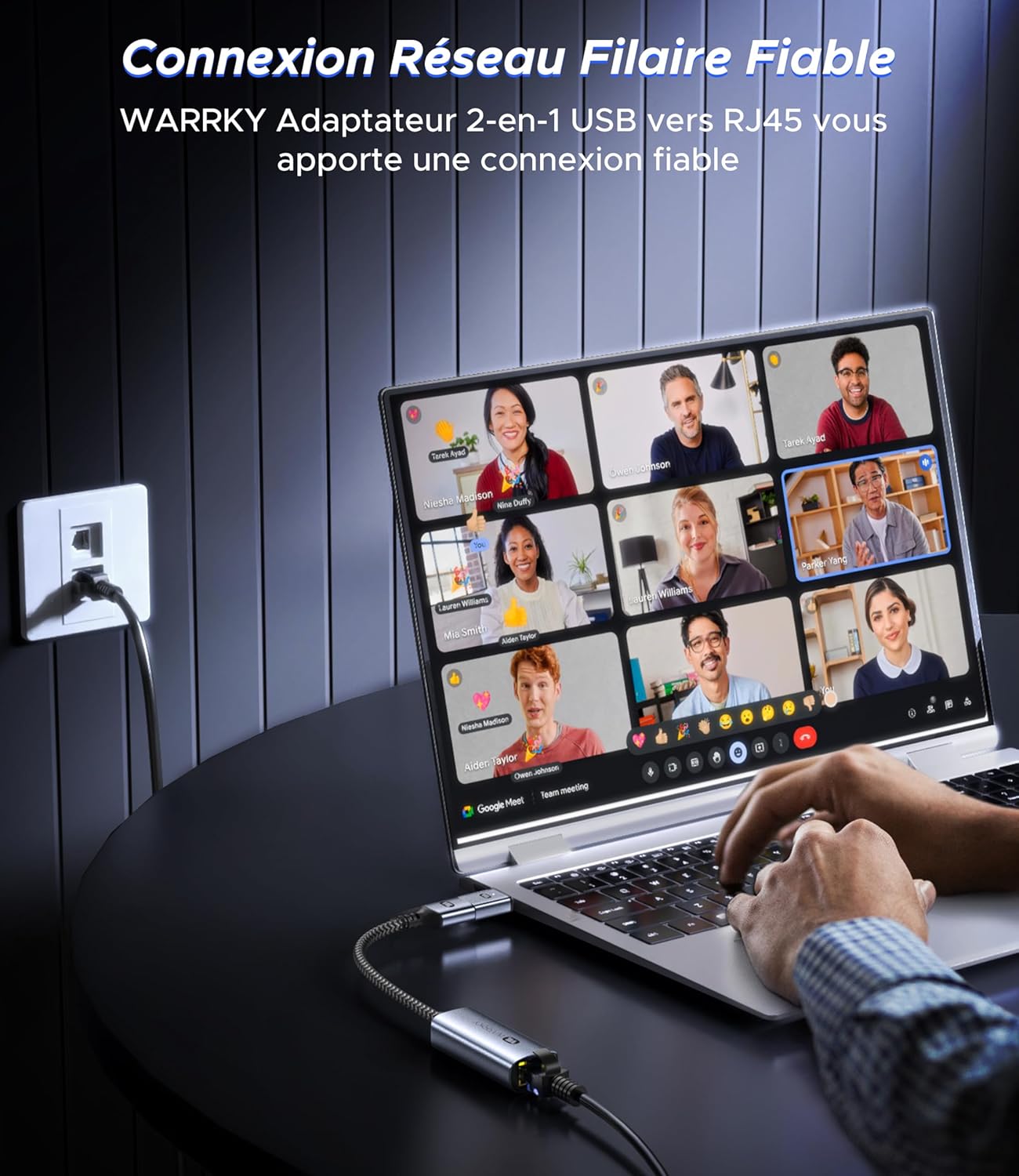 WARRKY AE04 adapter connected to a laptop via USB-C and an Ethernet cable