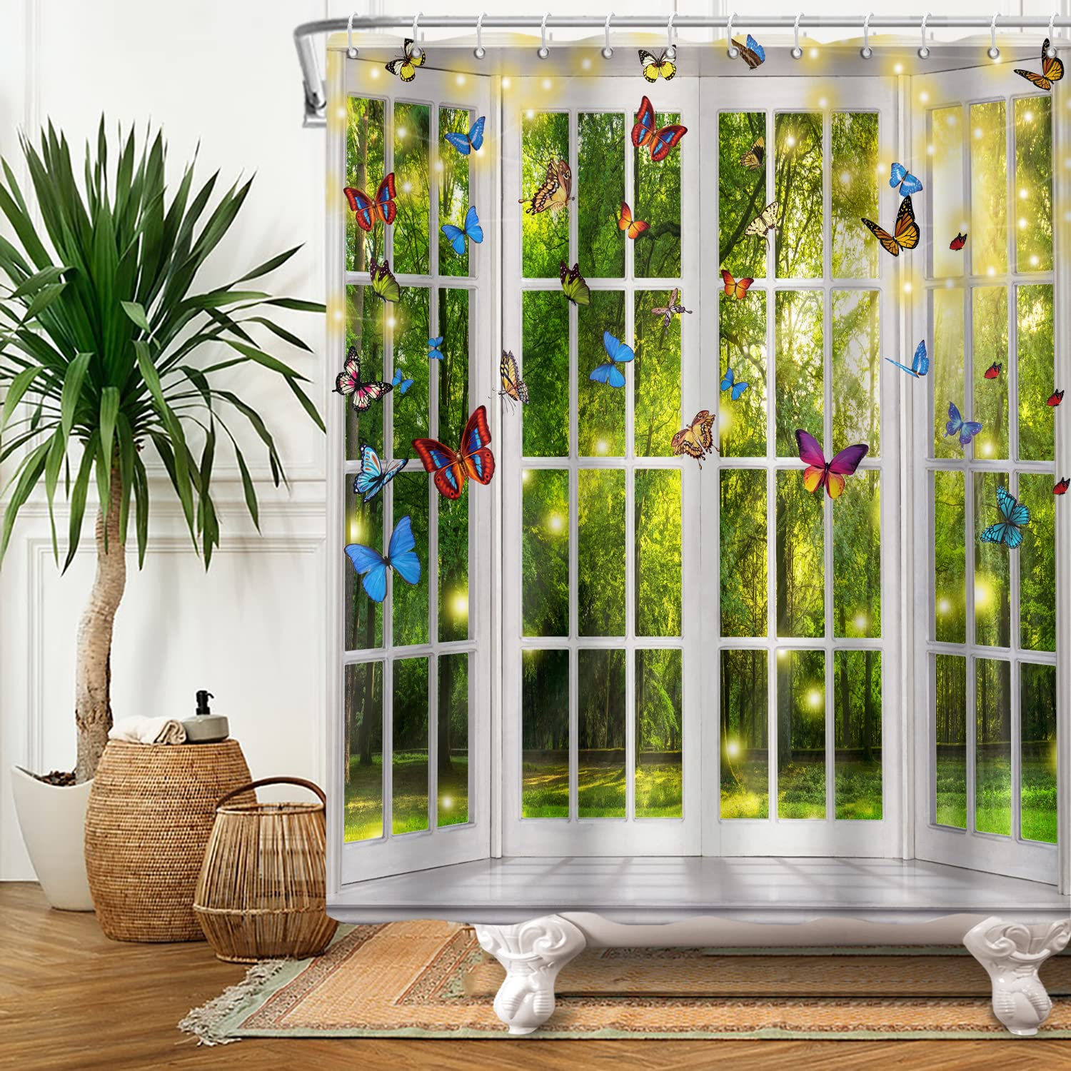 SDOTPMT 180x180cm Spring Window View Shower Curtain Fantasy Magic Green Forest White Bath Curtain Colorful Psychedelic Butterfly Faint Sunshine Fairy Bathtub Fabric Waterproof Curtain with Hooks - Image 2