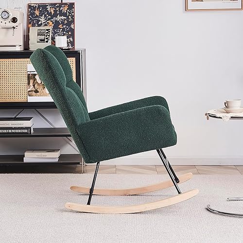 Miniatura 6 de Mecedora para guardería, mecedora tapizada de tela de peluche con respaldo alto, reposabrazos y base segura de madera maciza, silla de enfermería