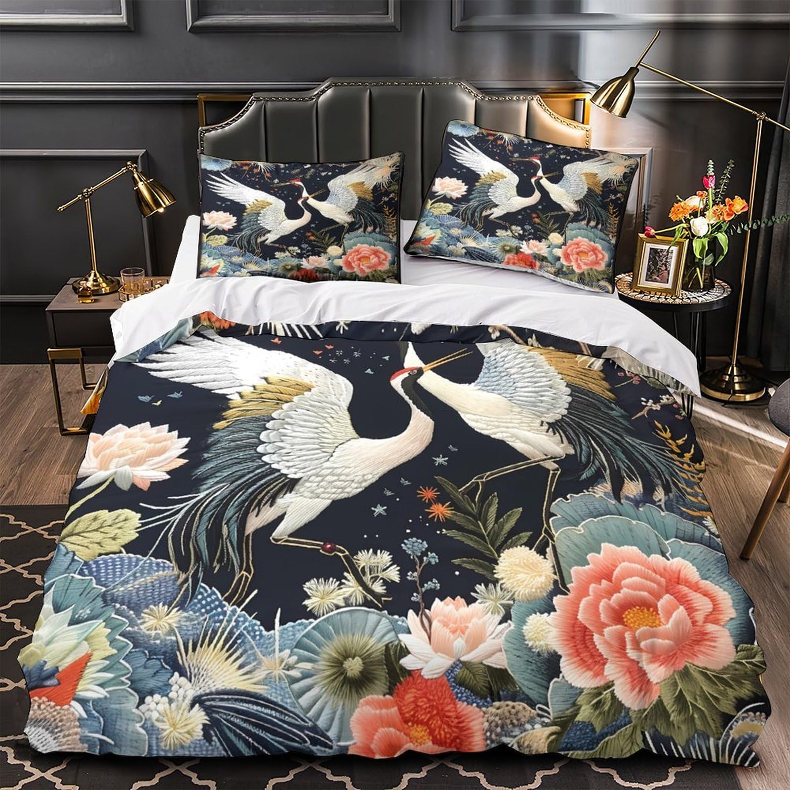 Housse de couette fleurs asiatiques pour chambre de femme lit simple 140x200 cm