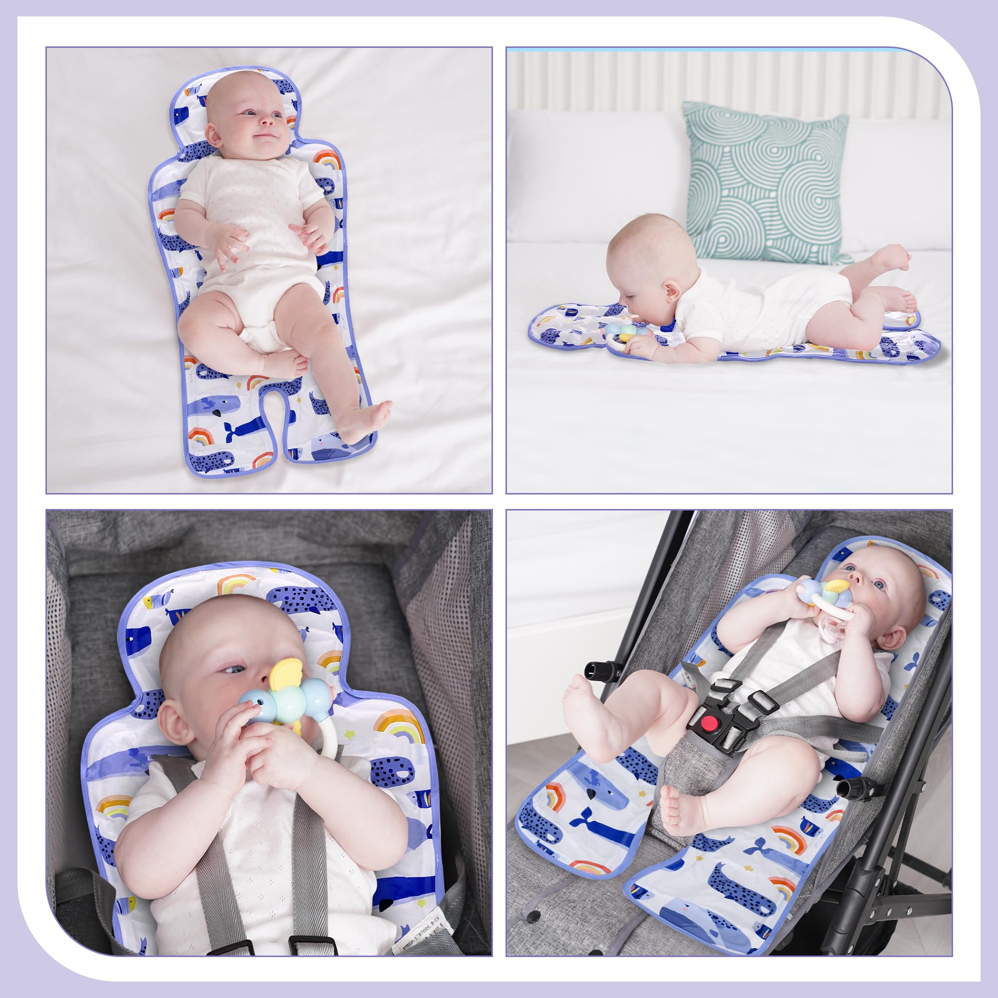 LAT Coussin Siège d’été pour Poussette, Réversible Coussin Réducteur d’été pour Poussette, Coussin Soutien Bébé avec Gel Rafraîchissant pour Poussette et Chaise Haute (Baleine+Dinosaure)