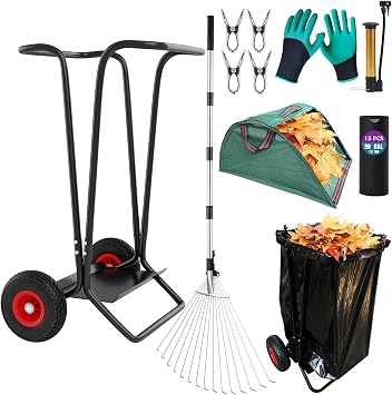 Mobile Trash Bag Holder Outdoor Lawn Leaf Bag Holder | with Leaf Chute Metal Rake & 15 Count 39 Gallon Drawstring Leaf Bags for Leaves Weeding Camping Party