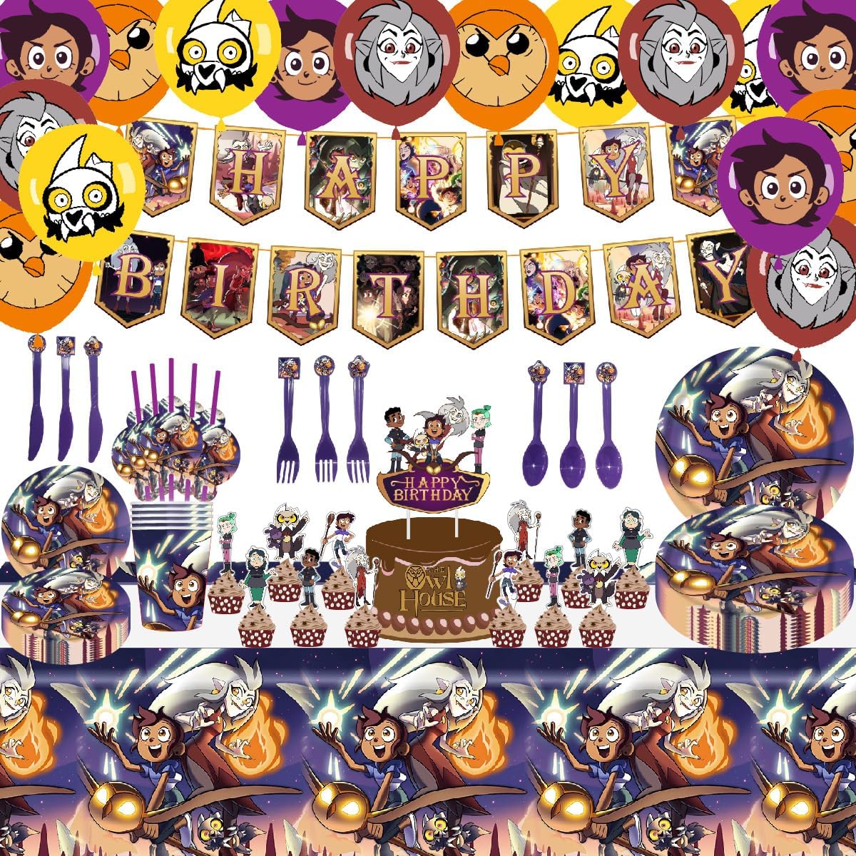 House birthday party decoration owl party supplies happy birthday plates and cups banner cake topper balloons for kids birthday party decoration