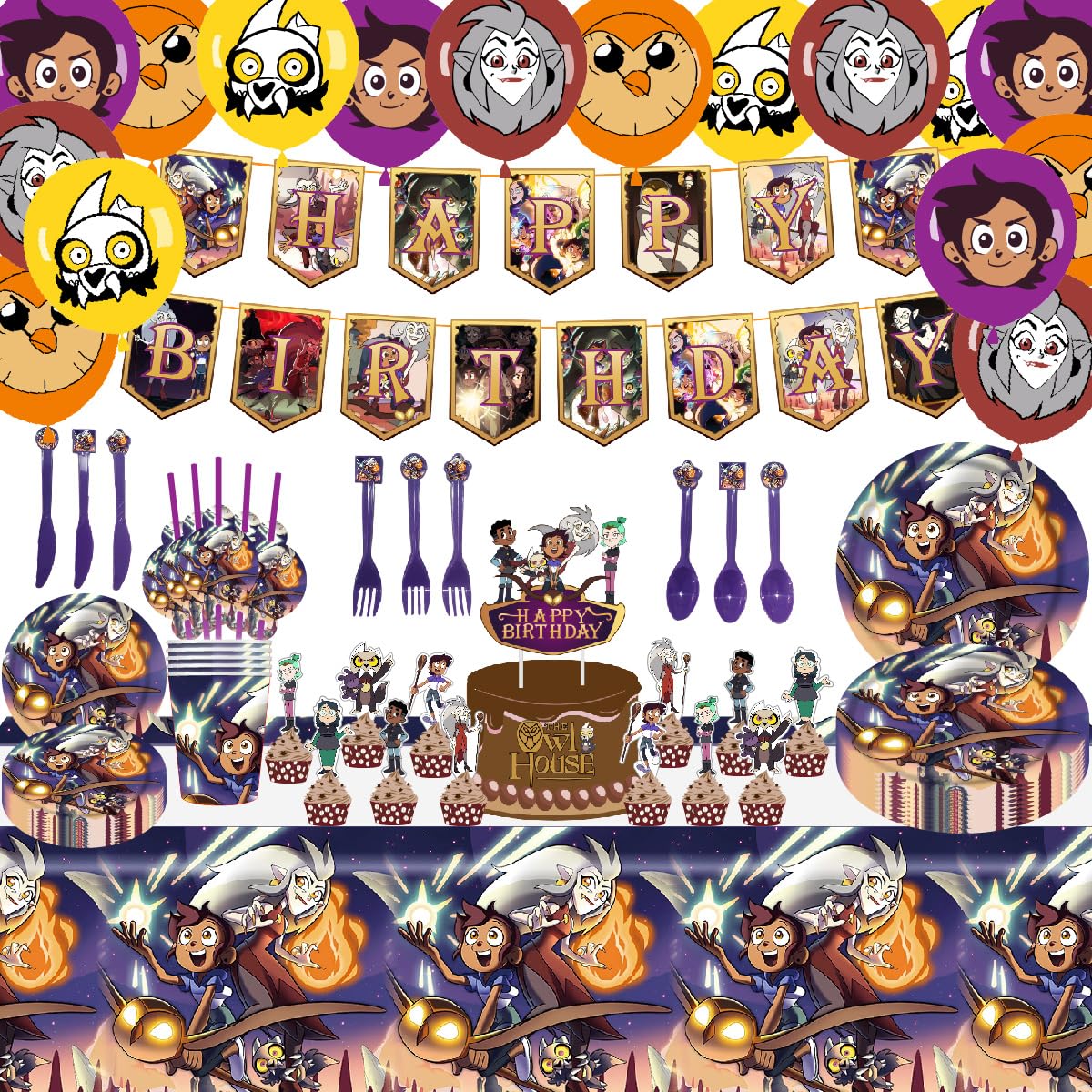 House birthday party decoration owl party supplies happy birthday plates and cups banner cake topper balloons for kids birthday party decoration