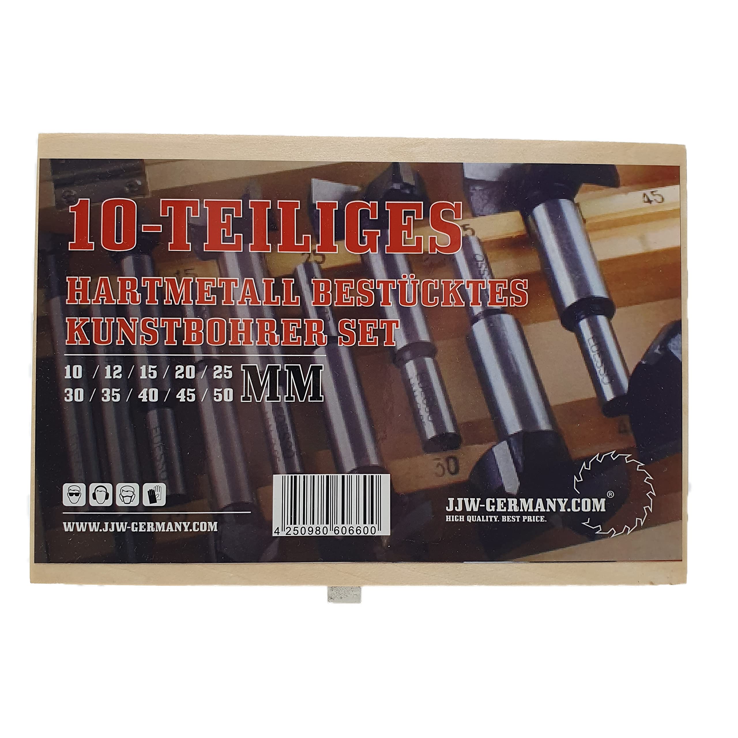jjw-germany Set di 10 punte in metallo duro per trapano Forstner, D=10/12/15/20/25/30/35/40/45/50 mm, adatto per legno duro e avvitatore a batteria