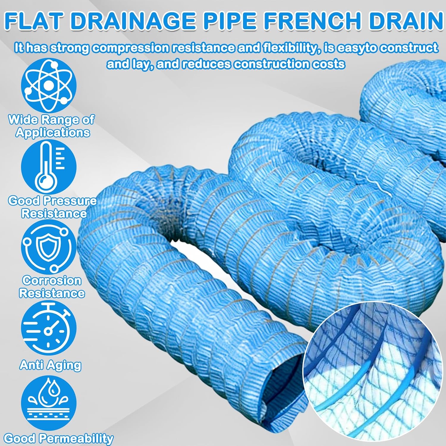 Permeable Drain Pipe, 1m-50m French Drain Pipe System for Driveway Tunnels Land Works Underground Drainage, Expandable Corrugated Drain Hose(Dia 10cm(4in),L 125ft/38m)