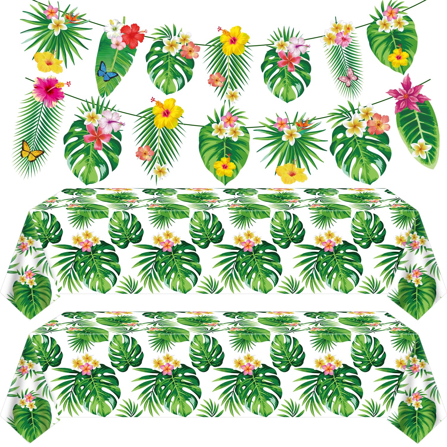 4 Pack Palm Leaf Tablecloths and Banners Hawaii Green Leaves Table Covers Tropical Leaf Table Cloths Palm Leaves Flower Banners Hawaii Party Banner for Tropical Themed Party Baby Shower Decorations