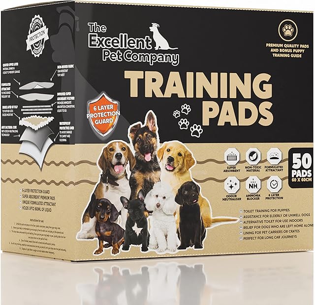 6 LAYER, Heavy Duty, Super Absorbent, Puppy Training Pads, Premium Quality 50 Box, BONUS GUIDE and COACHING HELPLINE, The Excellent Pet Co.