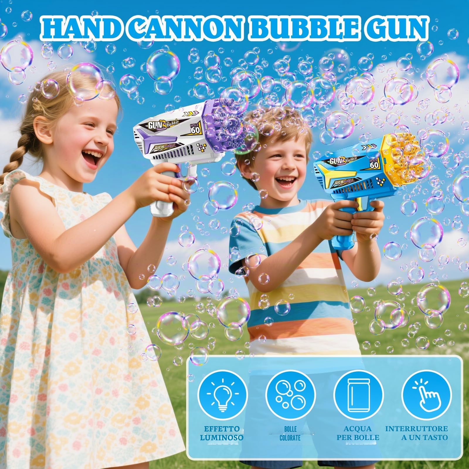 Sparabolle di Sapone, 2 Pieces Macchina Automatica per Bolle, 200ml Liquido Incluso, 10 Confezioni di Liquido per Bolle, Pistola Bolle di Sapone per Feste Compleanno All'aperto Matrimoni