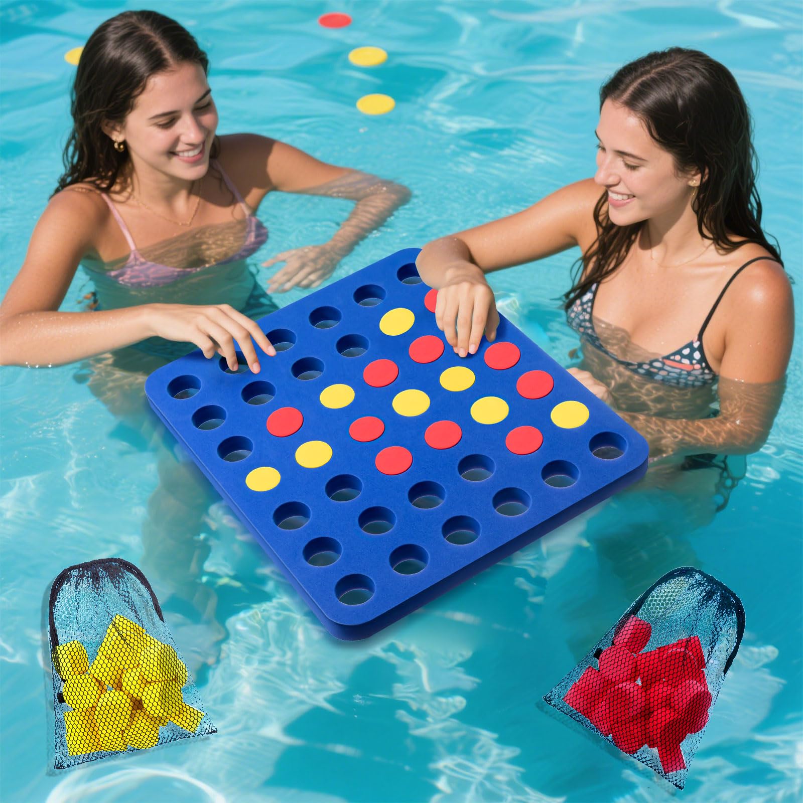 RoundFunny 4 in a Row Pool Connect Game Set EVA Floating Board Game 4 to Score Strategy Board with Chess Pieces Mesh Bag for 2 Player Family Pool Playing
