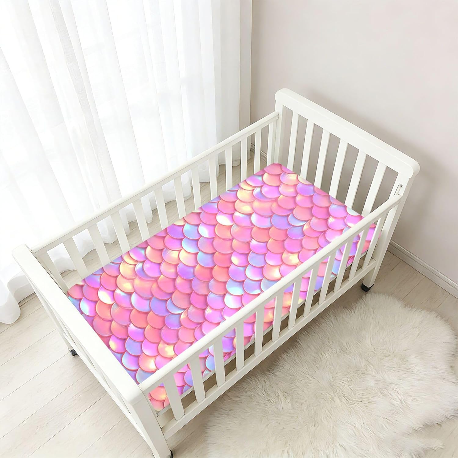 Sea Mermaid Fishes Scale Crib Sheets Soft Breathable Fitted Cotton Baby Crib Sheets Mattress Cover for Girl Boy, 52" x 28" x 9"