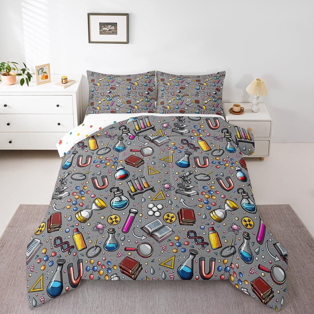 Laboratory Down Comforter Chemistry Lab Bedding Sets For Kids Boys Microscope School Graffiti Comforter Set Chemical Elements Science Theme Quilted Duvet With 1 Comforter and 2 Pillow Cases Queen Gray