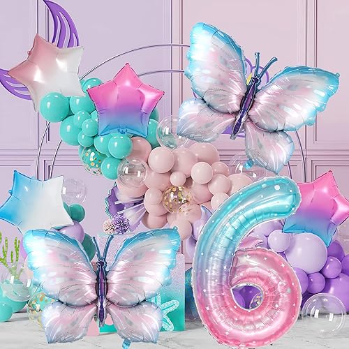 Miniatura 4 de 7 globos de mariposa rosa degradado, globos gigantes de papel de aluminio de mariposa colorida para decoraciones de cumpleaños de 6 años,