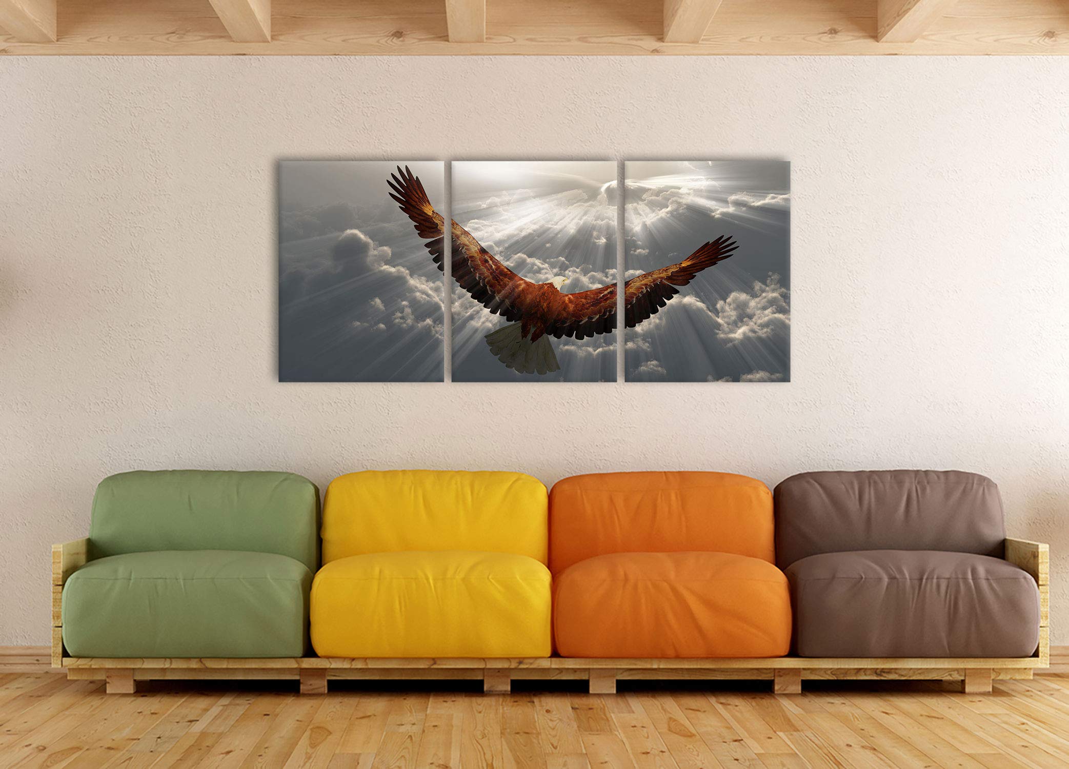Tableau XXL 3 Pièces 'Aigle Au-dessus Des Nuages' – 180x80 Cm – Décoration Murale Allemande