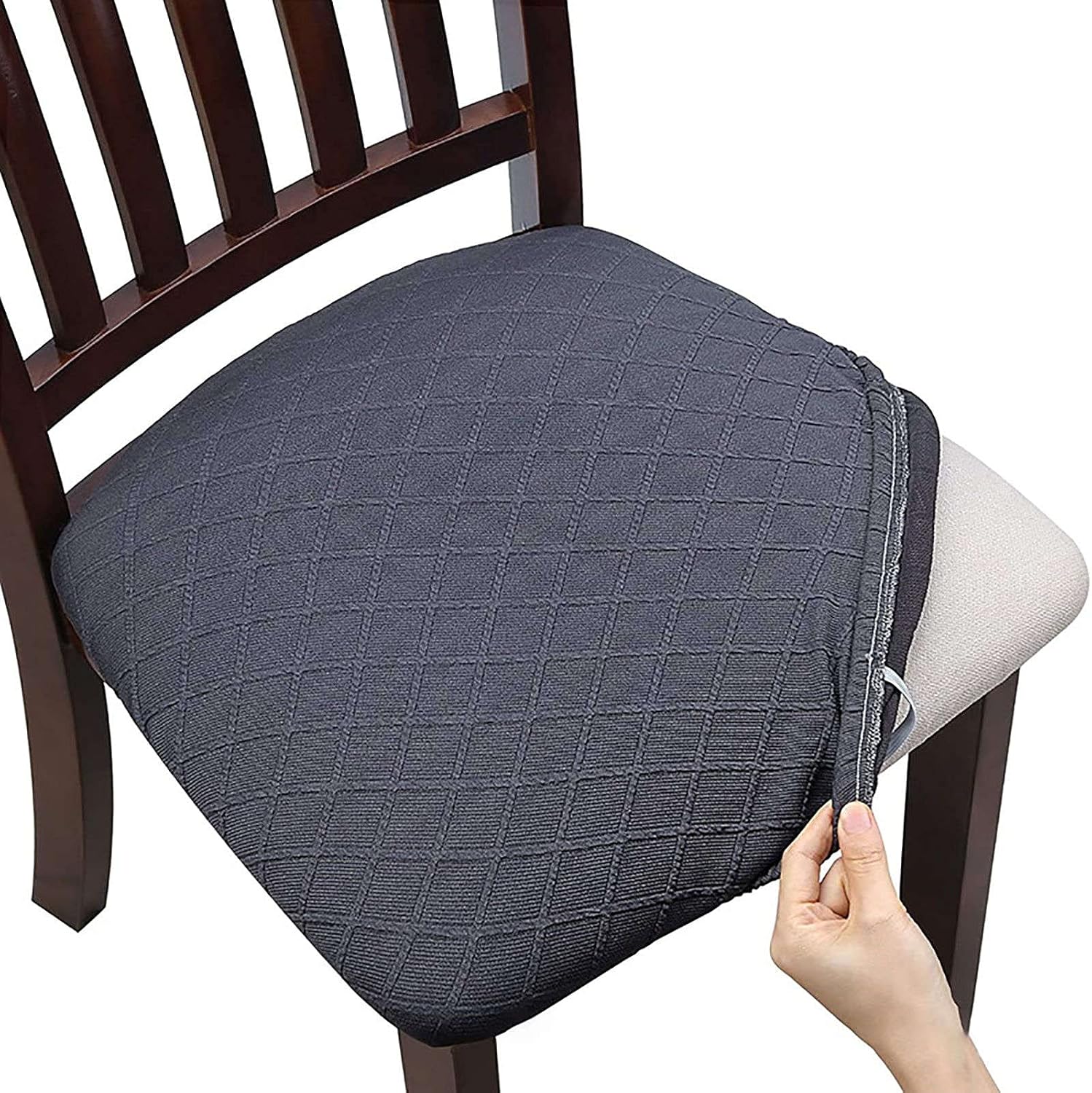 FXBZA Stretch Sofa Cover, Set of 2 Seat Covers for Dining Room Chairs Chair Seat Covers Removable Dining Chair Seat Covers for Dining Room Kids Pets Cat Dog-White B-Set of 4