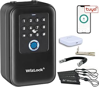 Schlüsseltresor mit Zahlencode, Fingerabdruck & Gateway, außen | Schlüsselkasten – Gateway & 4×AA Batterien inkl. – Türstatussensor – 5 RFID-Badges – IP66 – Bügel ohne Bohren