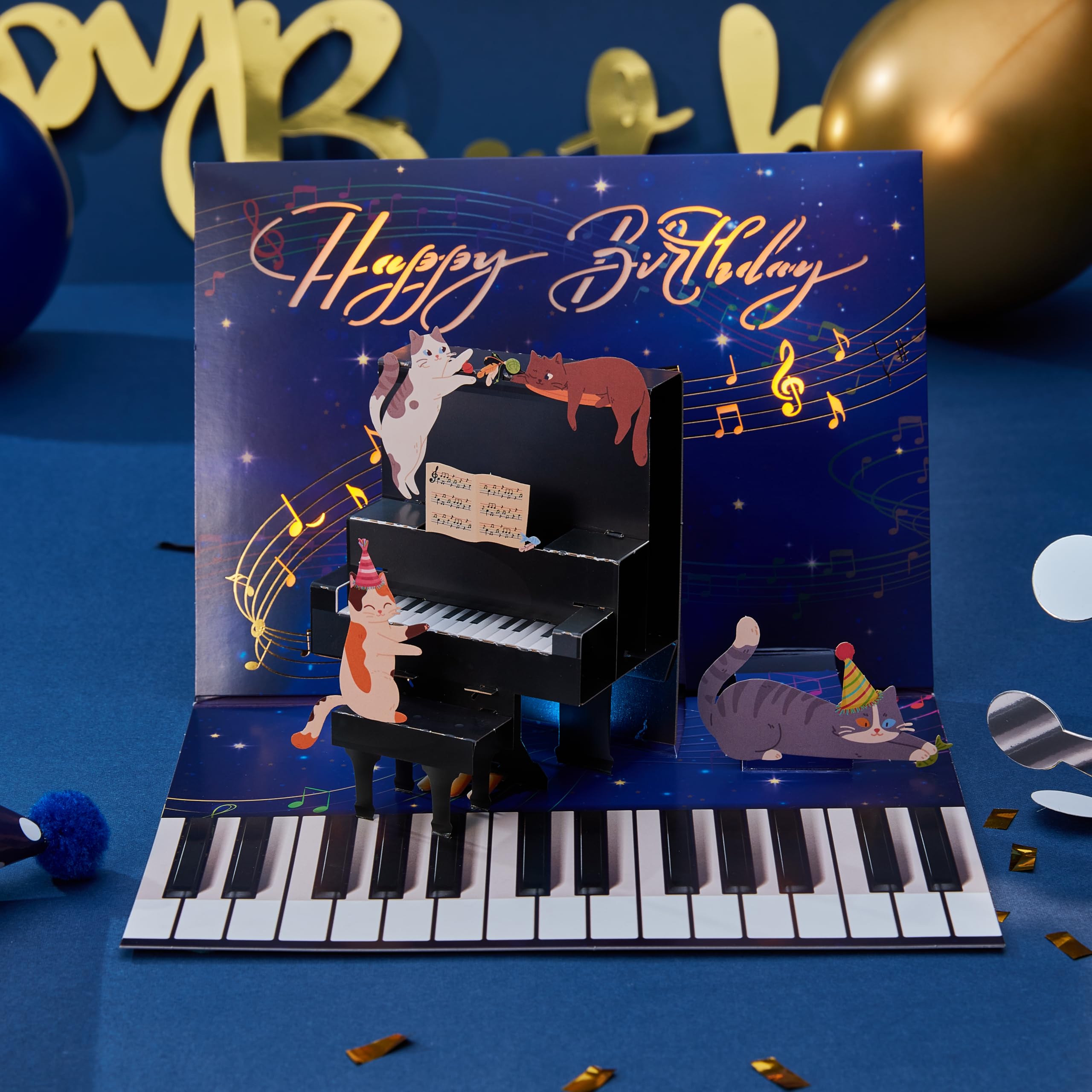 Lovario 3D Pop Up Musical Birthday Card with Lights, Piano Cat Design, Plays “Happy Birthday” Melody, Keepsake Gift Card (6×8 in)
