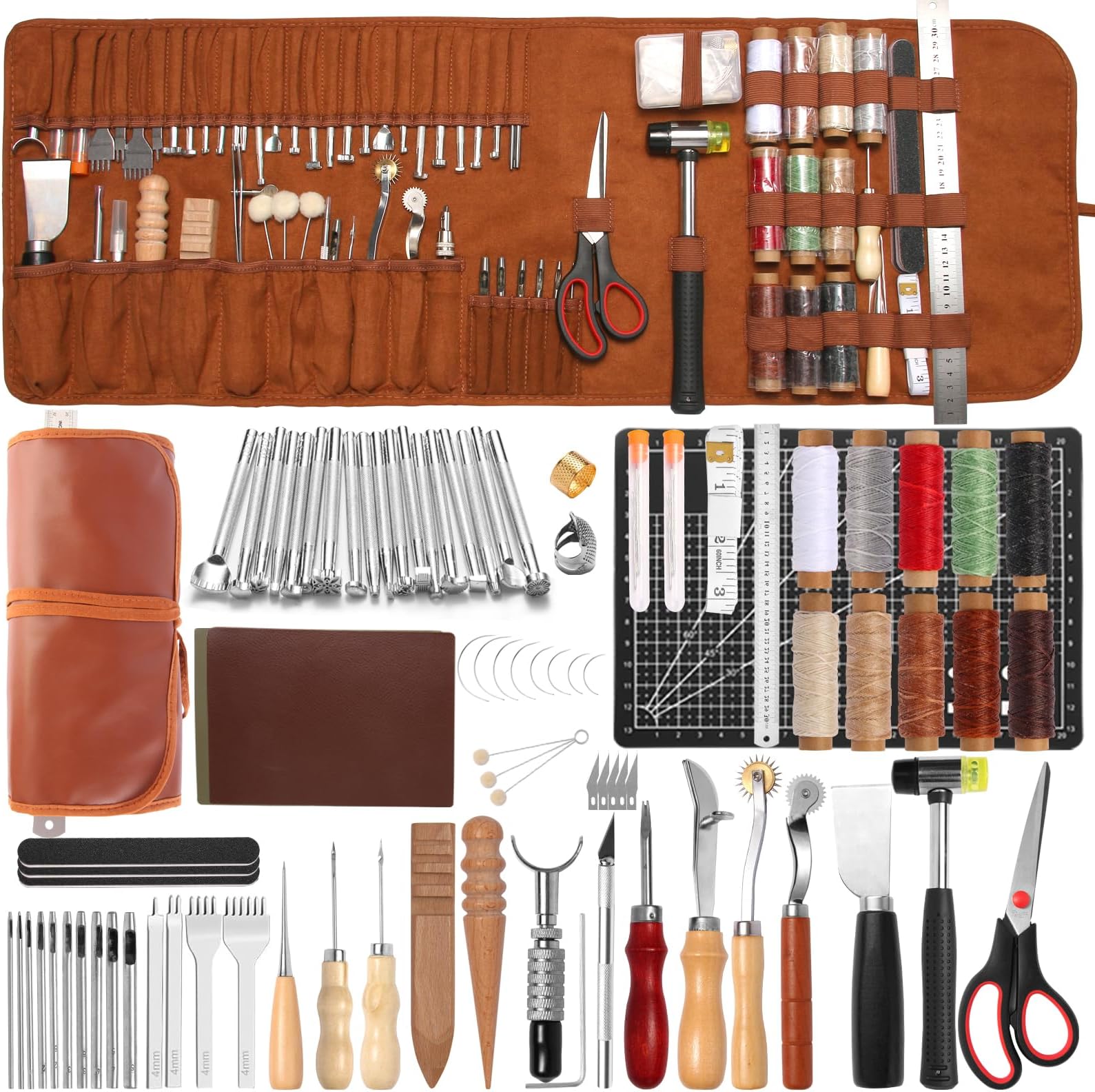Leather Working Tools,Professional Leather Working Kit for Carving, Punching, Stamping, Cutting with Custom Storage Bag, Essential for DIY Crafts & Repairs.