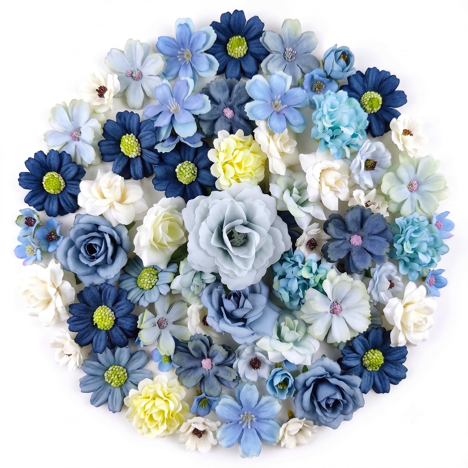SHBAOCH 44Pcs Artificial Flowers Heads, Blue Silk Faux Flowers Bulk, Mini Fake Flower Assorted Set for DIY Crafts, Wedding Decor, Home Decor, Party, Wreath Making, Hair Accessories