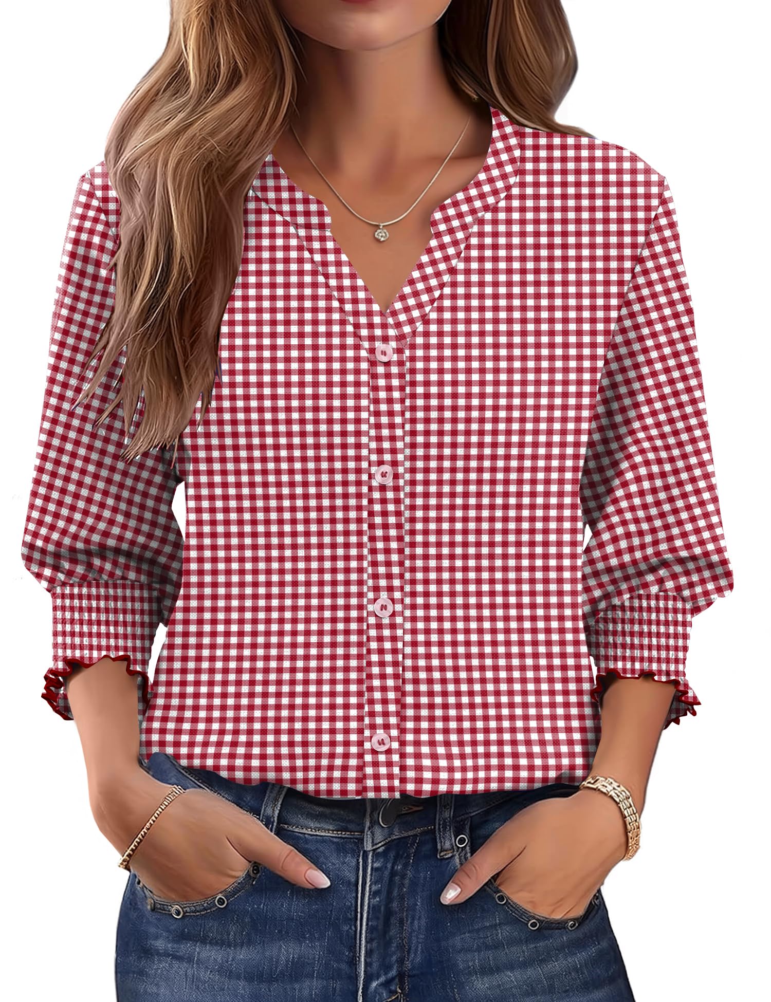 LOMON Button Down Shirts for Women 3 4 Length Sleeve Business Casual Blouses 2026 Summer Tops