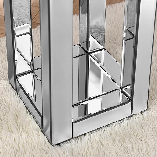 Miniatura 80 de SSLine Mesa auxiliar cuadrada con espejo con luces LED, mesita de noche con espejo, mesa auxiliar de espejo con acabado plateado para dormitorio,