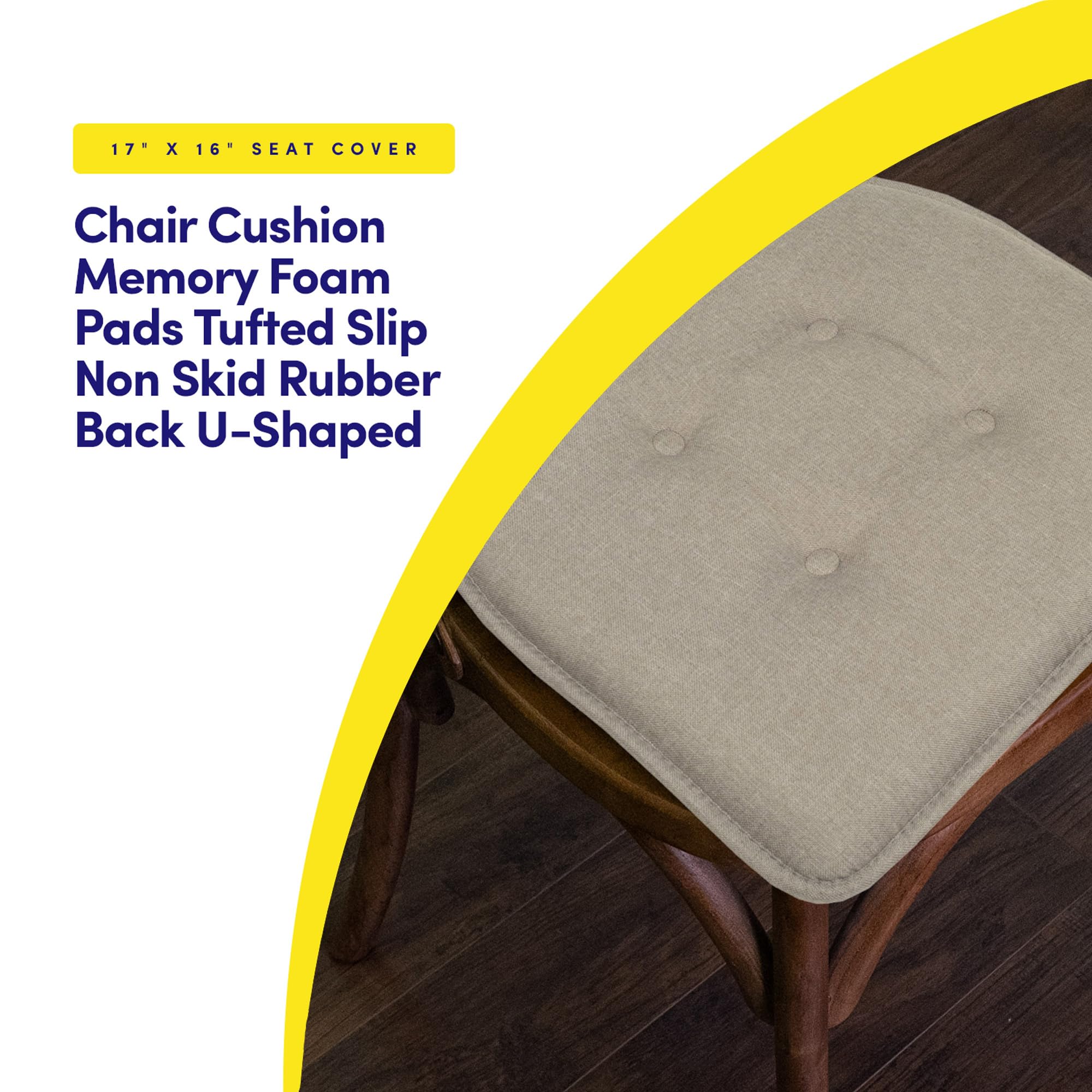 Sweet Home Collection Chair Cushion Memory Foam Pads Tufted Slip Non Skid Rubber Back U-Shaped 17" x 16" Seat Cover, Khaki Gray- 2 Count (Pack of 2)