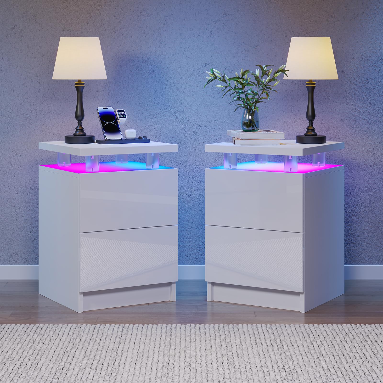Nordivale Beside Table with RGB LED Lights, Bedside Cabinet with 2 Drawers, Bed Side Table for Bedroom, Living Room, White, 2 Pack