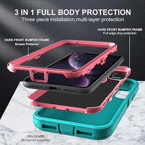 Miniatura 4 de Funda para iPhone XR, grado militar 3 en 1, resistente a los golpes, a prueba de caídas, polvo con 2 protectores de pantalla de vidrio templado