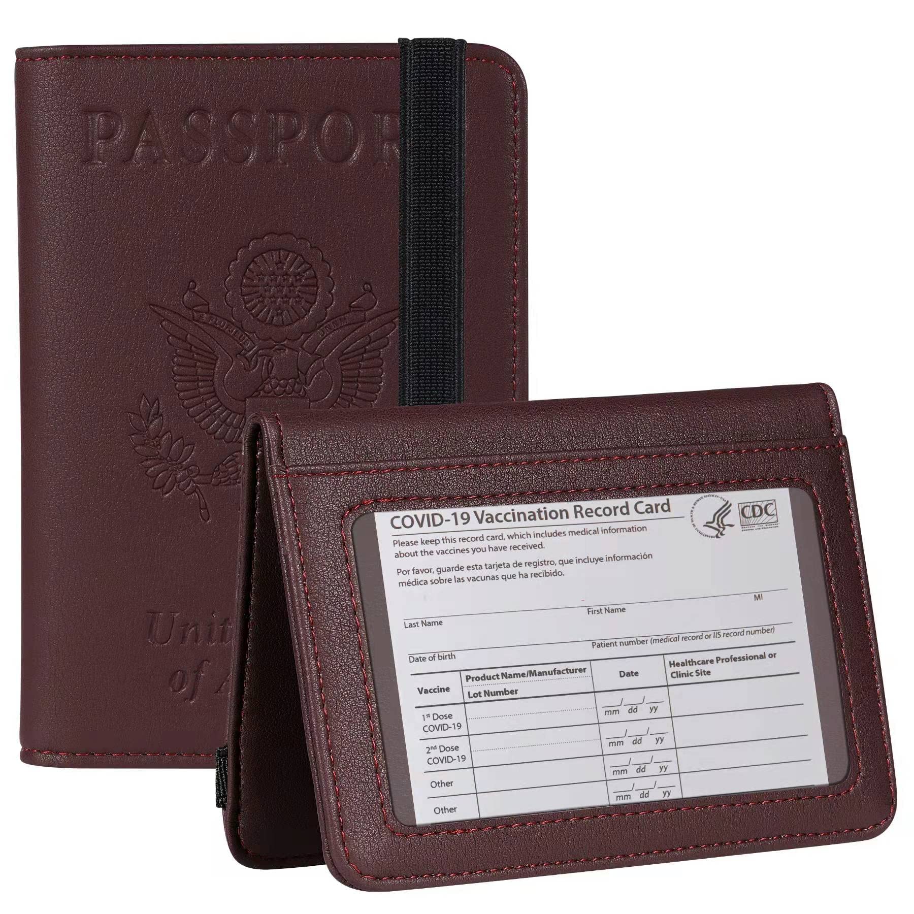 Photo 1 of 2-Travelambo Passport Wallet Passport Holder Cover Case Leather Travel Wallet Rfid Blocking for Men Women(Red Wine) Vaccine Combo Red Wine
