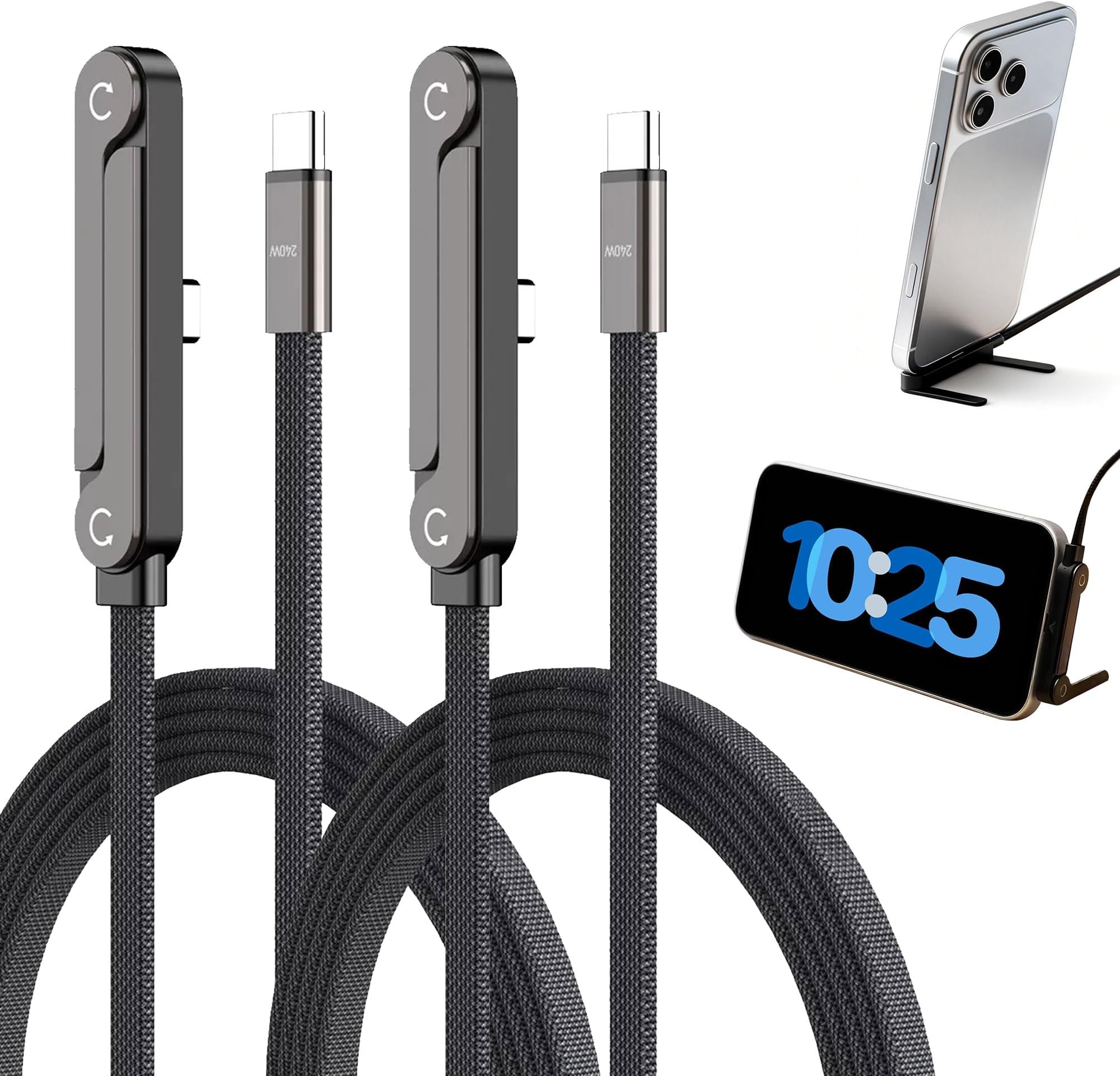 – 2 Pcs 240w Fast Charging Stand Data Cable with Type C, 2-In-1 Invisible Holder Charger Cable with Stand for Gaming, Office, Car Travel