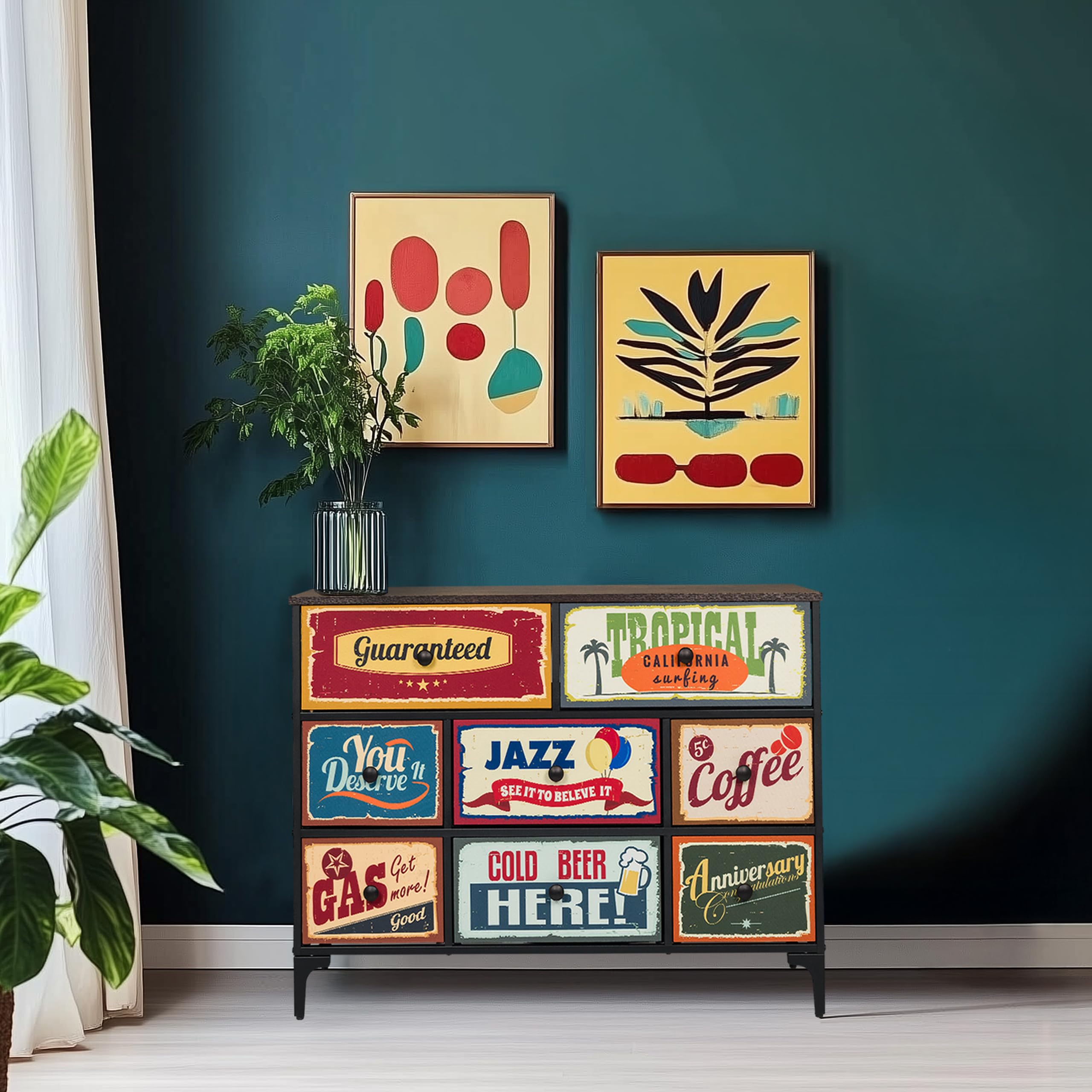 Kommode mit 8 Schubladen aus Vlies AMERIKO B 102,5x30x77,5 cm Schubladenschrank im Vintage-Look mit Motiven, Metall-Gestell