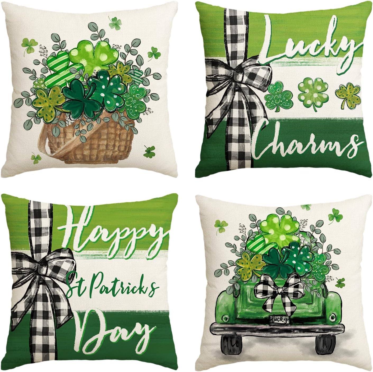 AVOIN colorlife Happy St Patricks Day Lucky Charm Clovers Basket Throw Pillow Covers, 18 x 18 Inch Car Buffalo Plaid Bow Tie Shamrock Decoration for Sofa Couch Set of 4